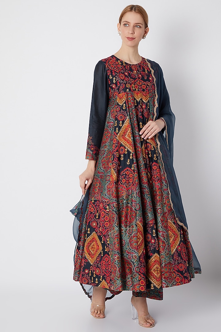 Blue Embroidered & Printed Kalidar Kurta Set by Debyani at Pernia's Pop Up Shop