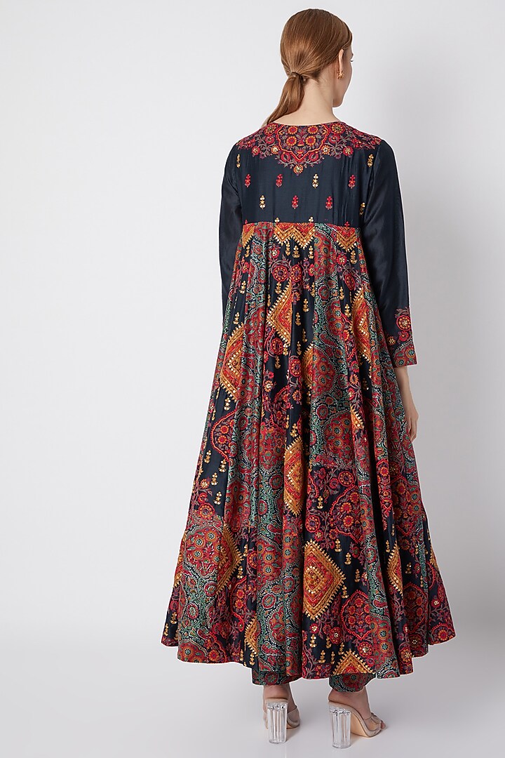 Blue Embroidered & Printed Kalidar Kurta Set by Debyani at Pernia's Pop Up Shop