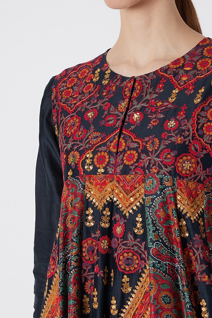 Blue Embroidered & Printed Kalidar Kurta Set by Debyani at Pernia's Pop Up Shop