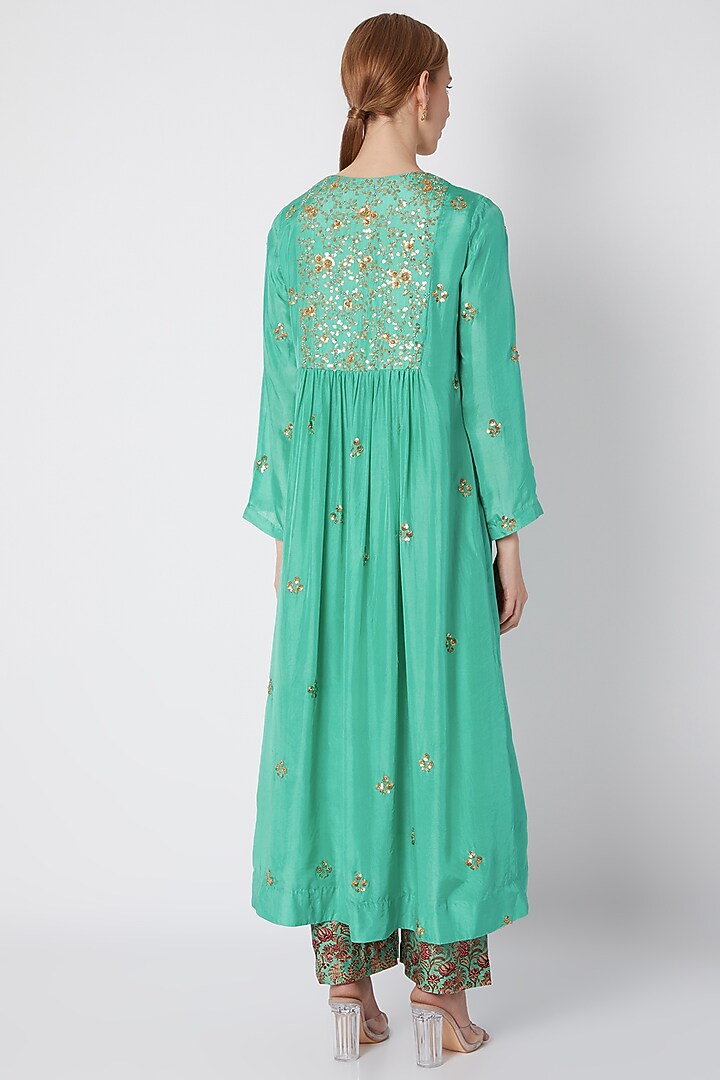 Turquoise Embroidered & Printed Kurta Set by Debyani at Pernia's Pop Up Shop