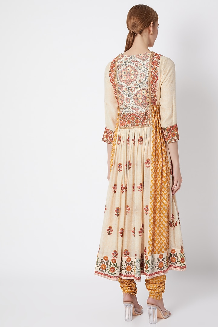 Nude Embroidered & Printed Gathered Kurta Set by Debyani at Pernia's Pop Up Shop