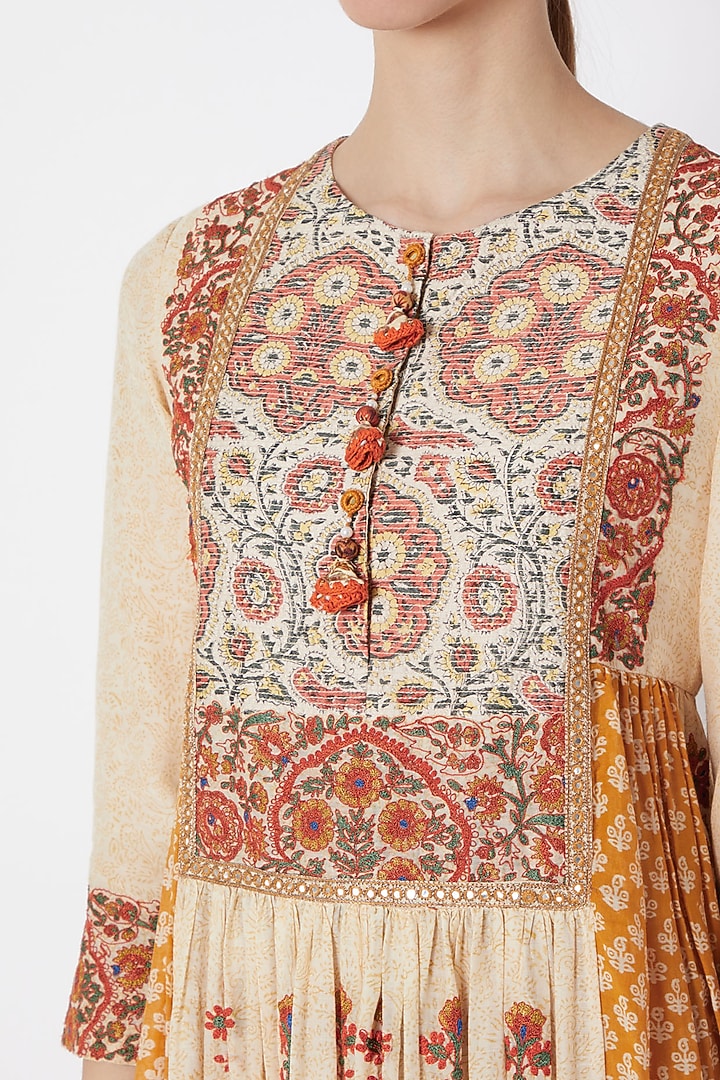 Nude Embroidered & Printed Gathered Kurta Set by Debyani at Pernia's Pop Up Shop