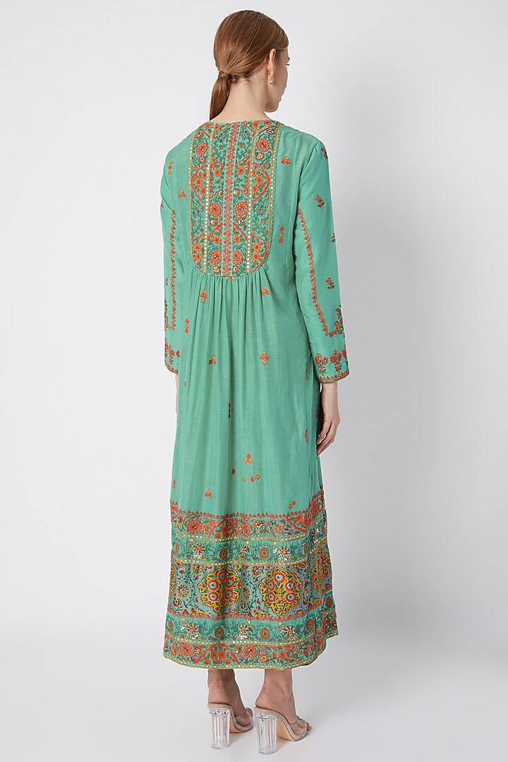 Turquoise Embroidered & Printed Gathered Kurta Set by Debyani at Pernia's Pop Up Shop