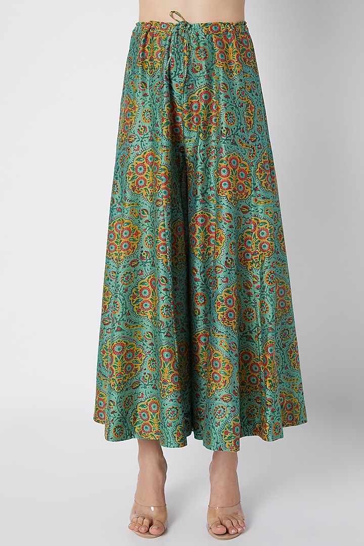 Turquoise Embroidered & Printed Gathered Kurta Set by Debyani at Pernia's Pop Up Shop