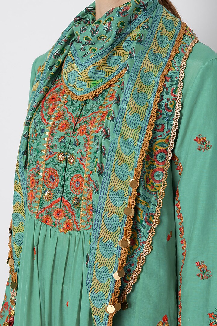 Turquoise Embroidered & Printed Gathered Kurta Set by Debyani at Pernia's Pop Up Shop