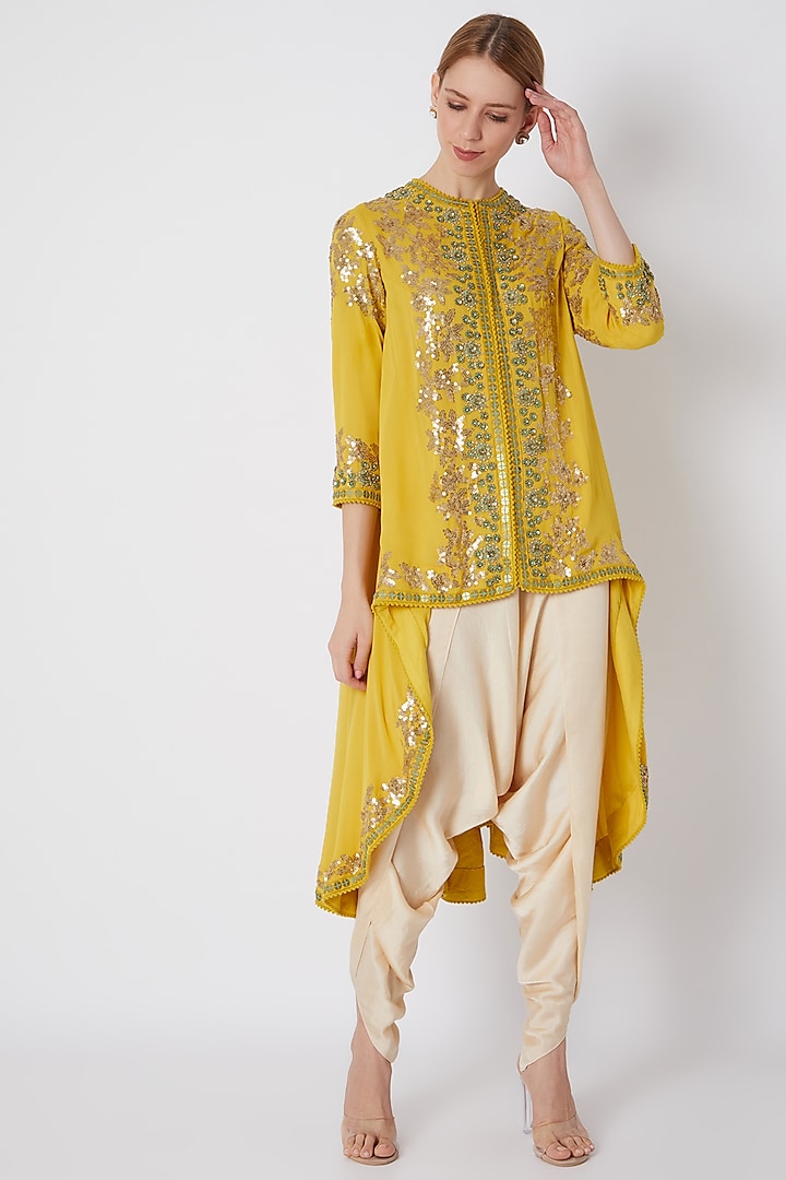 Yellow Embroidered & Printed Jacket With Pants by Debyani