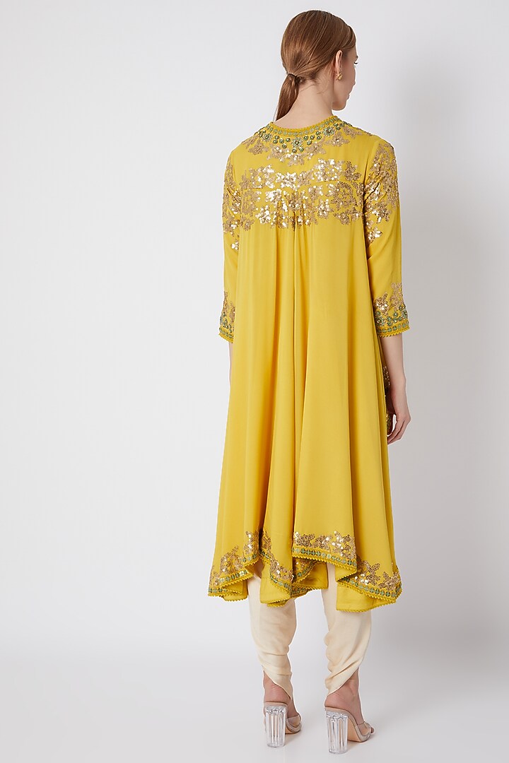 Yellow Embroidered & Printed Jacket With Pants by Debyani at Pernia's Pop Up Shop