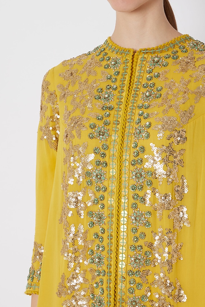 Yellow Embroidered & Printed Jacket With Pants by Debyani at Pernia's Pop Up Shop