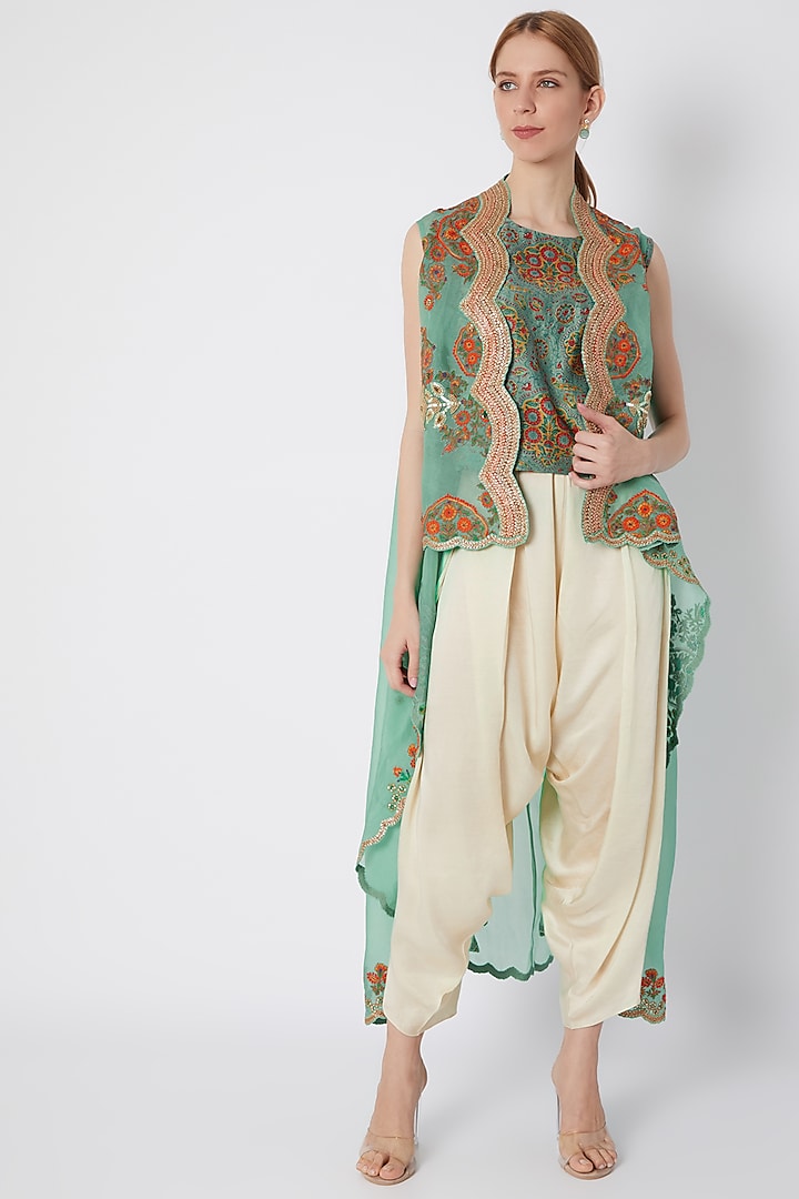 Turquoise Embroidered Jacket With Top & Pants by Debyani