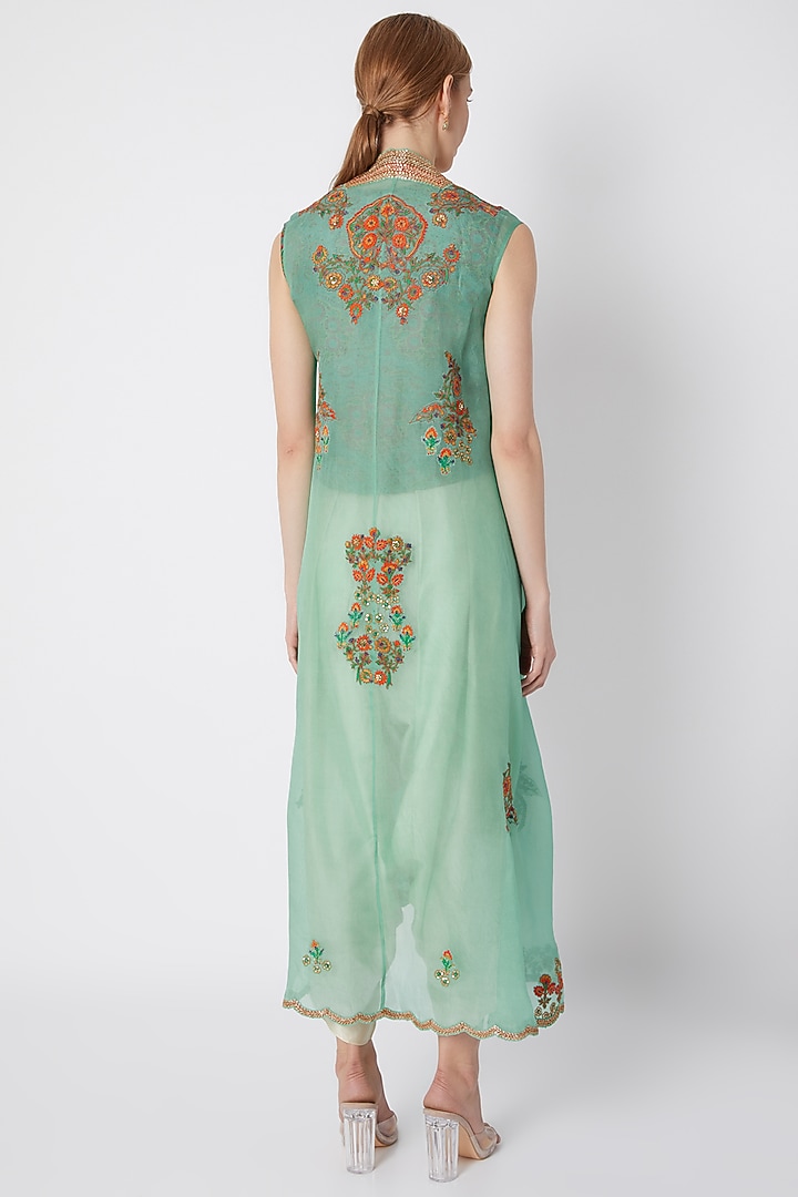 Turquoise Embroidered Jacket With Top & Pants by Debyani at Pernia's Pop Up Shop