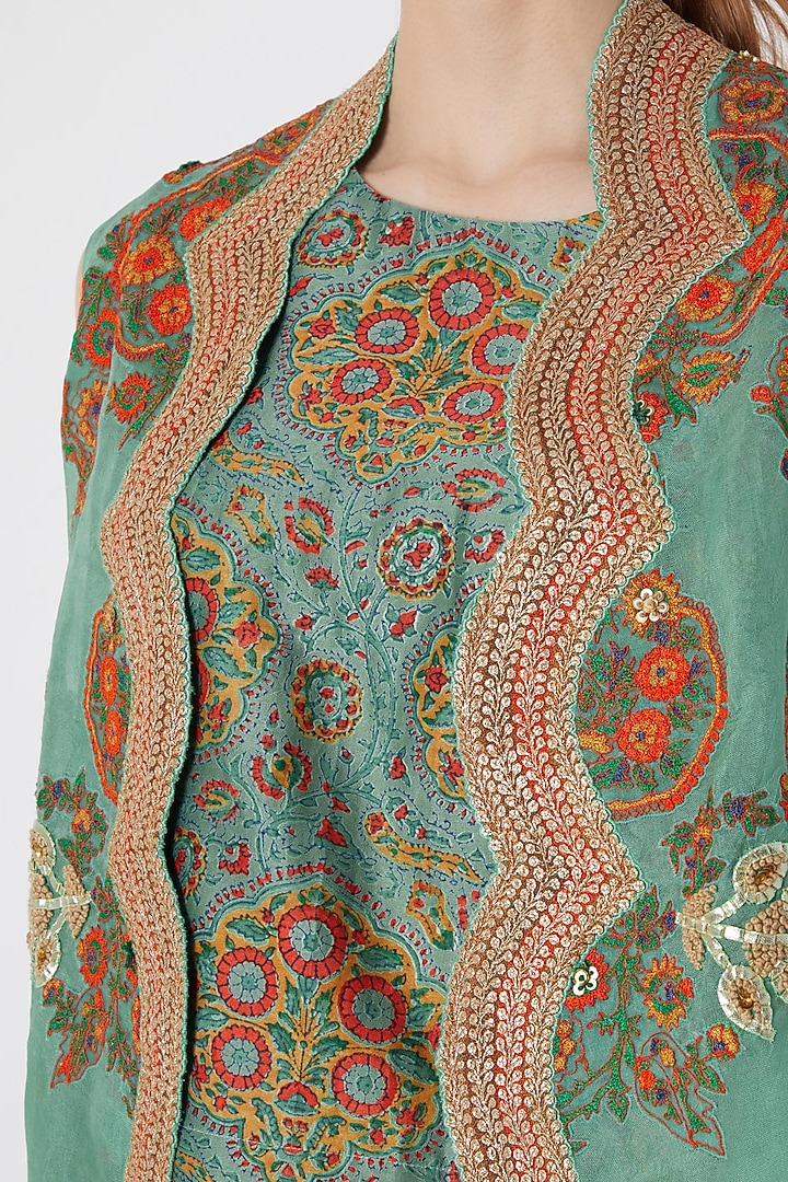 Turquoise Embroidered Jacket With Top & Pants by Debyani at Pernia's Pop Up Shop