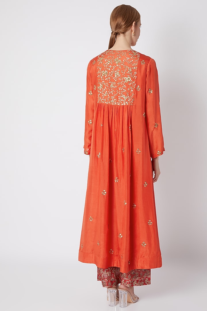 Orange Embroidered & Printed Kurta Set by Debyani at Pernia's Pop Up Shop