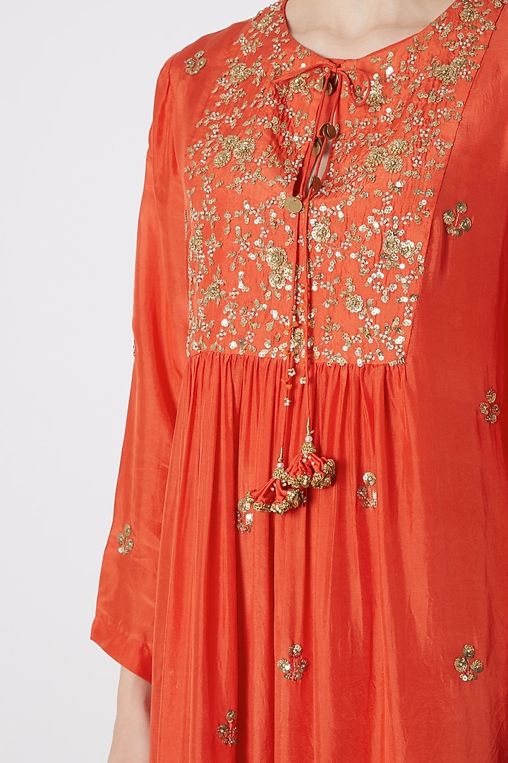 Orange Embroidered & Printed Kurta Set by Debyani at Pernia's Pop Up Shop