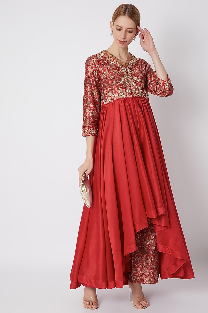 Red Embroidered & Printed Tunic With Pants by Debyani