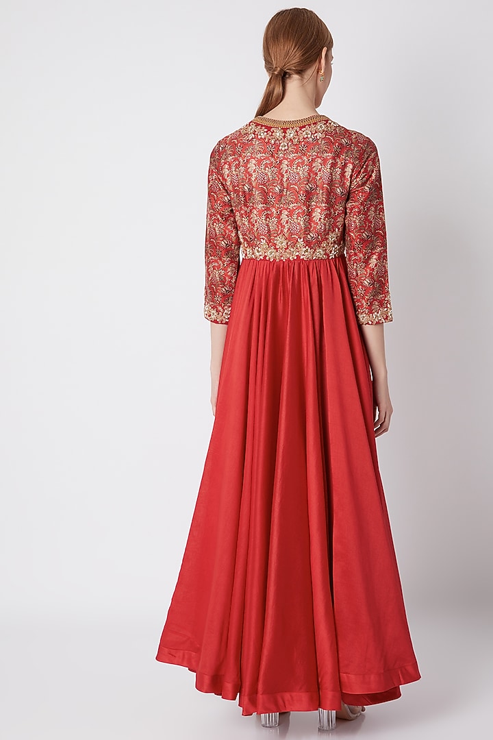 Red Embroidered & Printed Tunic With Pants by Debyani at Pernia's Pop Up Shop