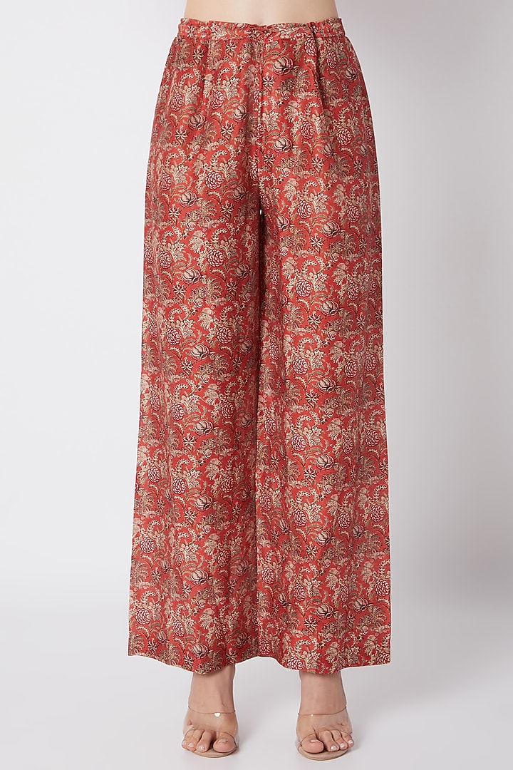 Red Embroidered & Printed Tunic With Pants by Debyani at Pernia's Pop Up Shop