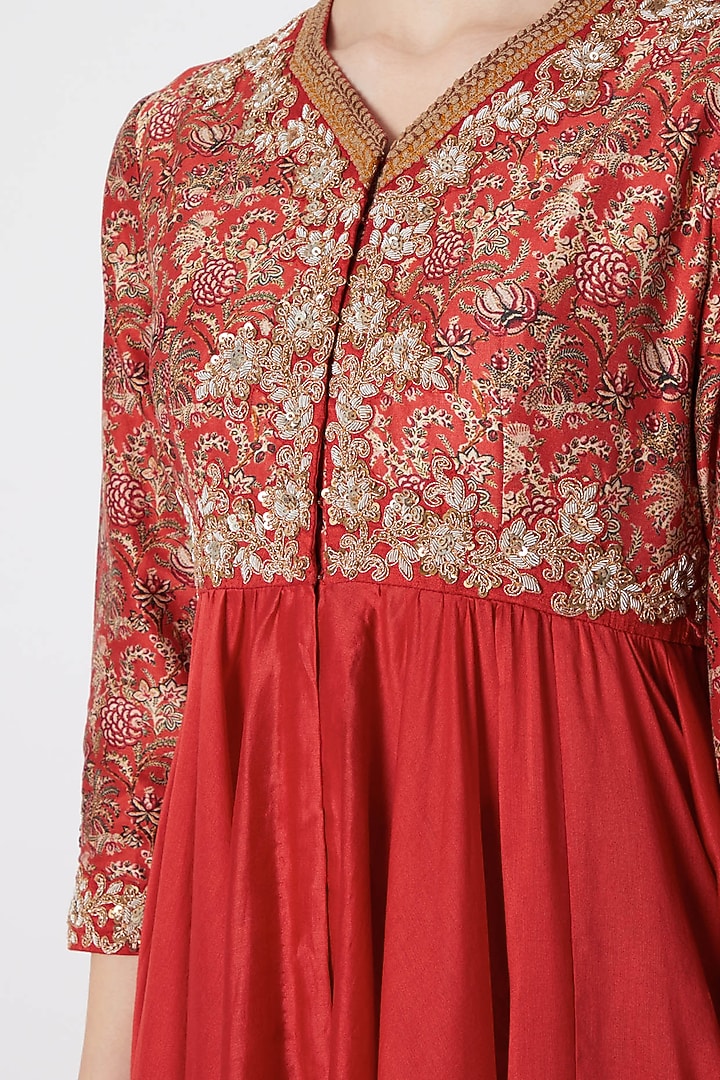 Red Embroidered & Printed Tunic With Pants by Debyani at Pernia's Pop Up Shop