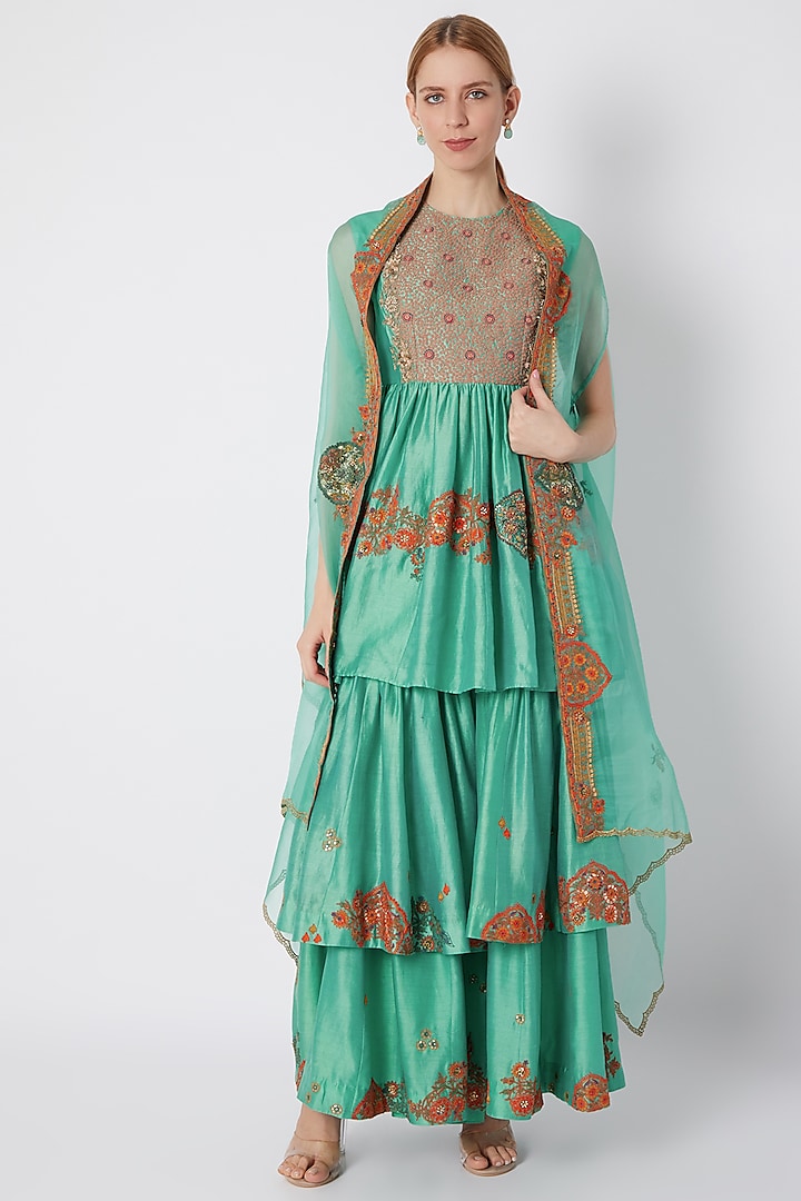 Turquoise Embroidered & Printed Sharara Set by Debyani