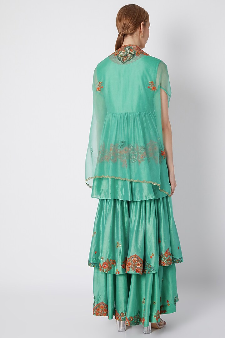 Turquoise Embroidered & Printed Wedding Sharara Set by Debyani at Pernia's Pop Up Shop