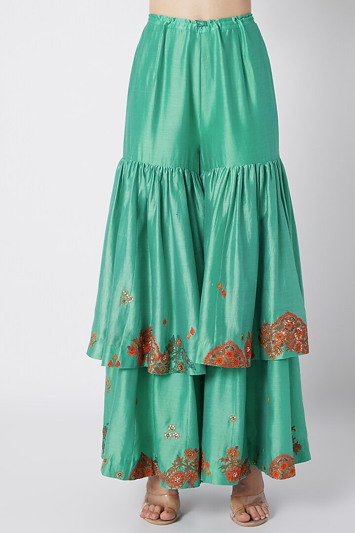 Turquoise Embroidered & Printed Wedding Sharara Set by Debyani at Pernia's Pop Up Shop