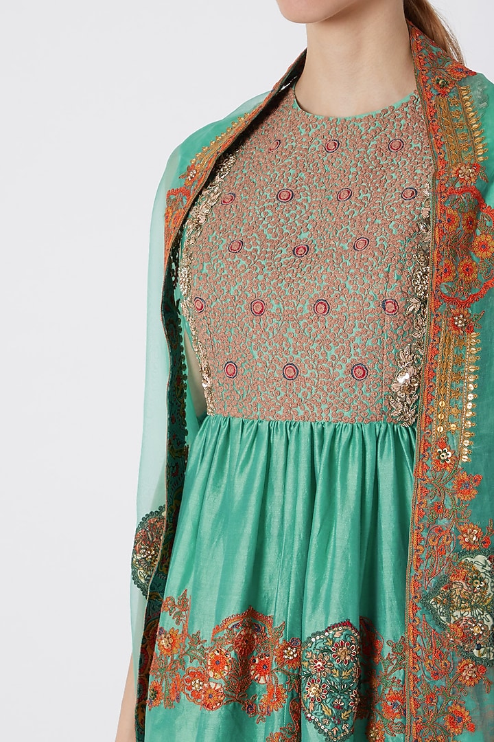 Turquoise Embroidered & Printed Wedding Sharara Set by Debyani at Pernia's Pop Up Shop