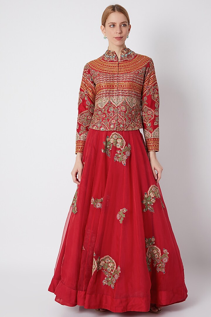 Red Embroidered Jacket With Skirt by Debyani