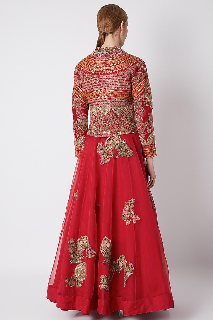 Red Embroidered Jacket With Skirt by Debyani at Pernia's Pop Up Shop