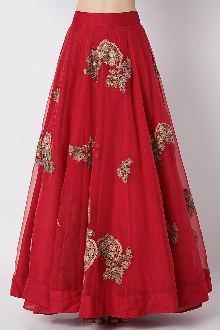 Red Embroidered Jacket With Skirt by Debyani at Pernia's Pop Up Shop