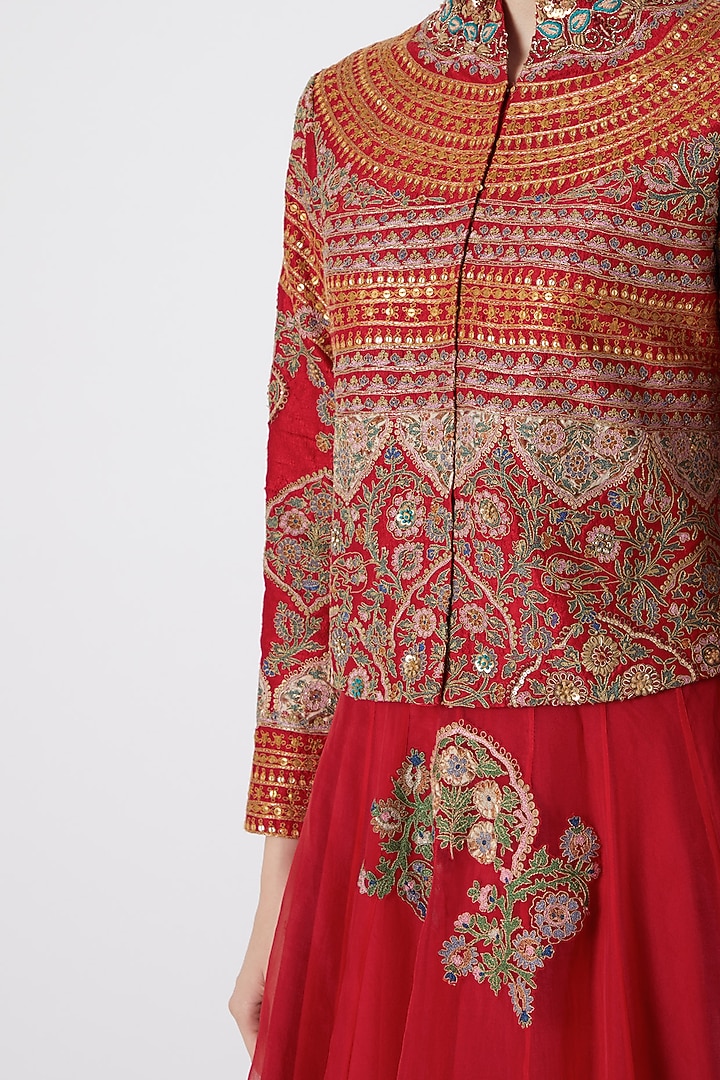 Red Embroidered Jacket With Skirt by Debyani at Pernia's Pop Up Shop