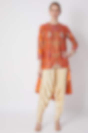 Orange Embroidered Jacket With Pants by Debyani