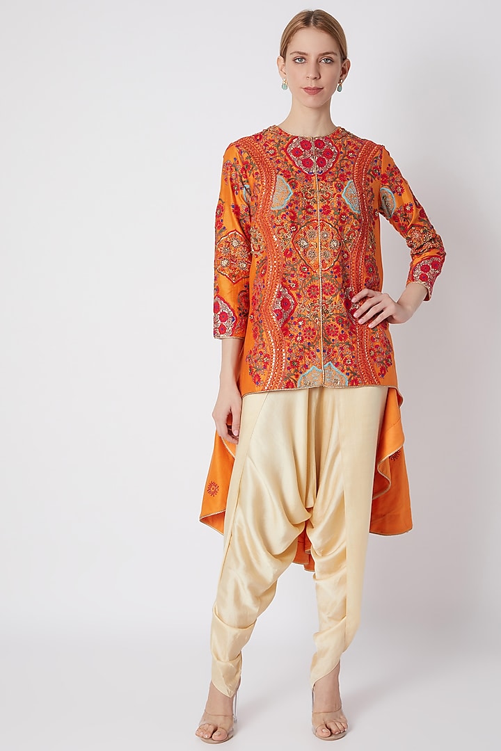 Orange Embroidered Jacket With Pants by Debyani