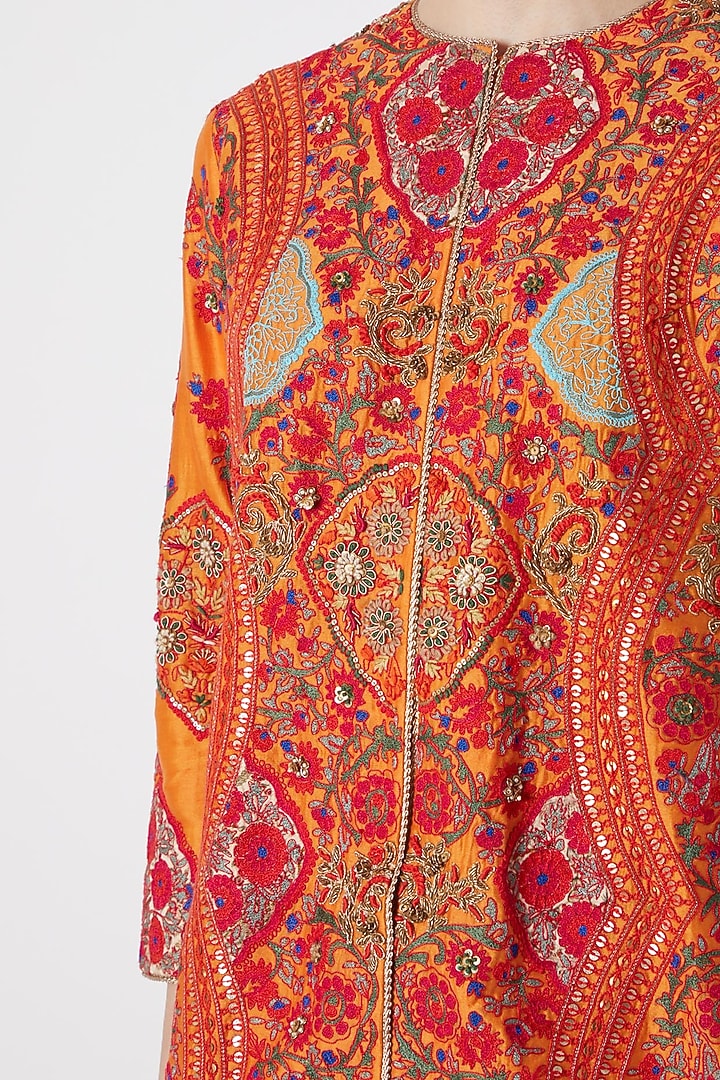 Orange Embroidered Jacket With Pants by Debyani at Pernia's Pop Up Shop