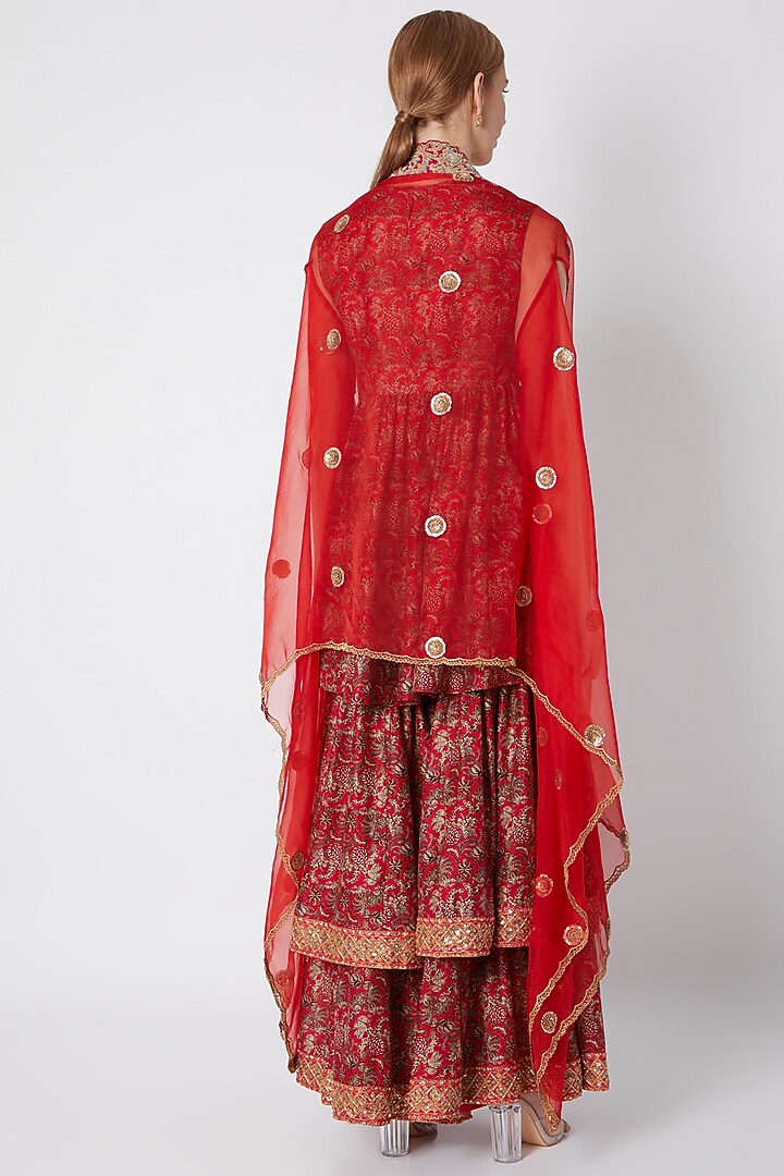 Red Embroidered & Printed Wedding Sharara Set by Debyani at Pernia's Pop Up Shop