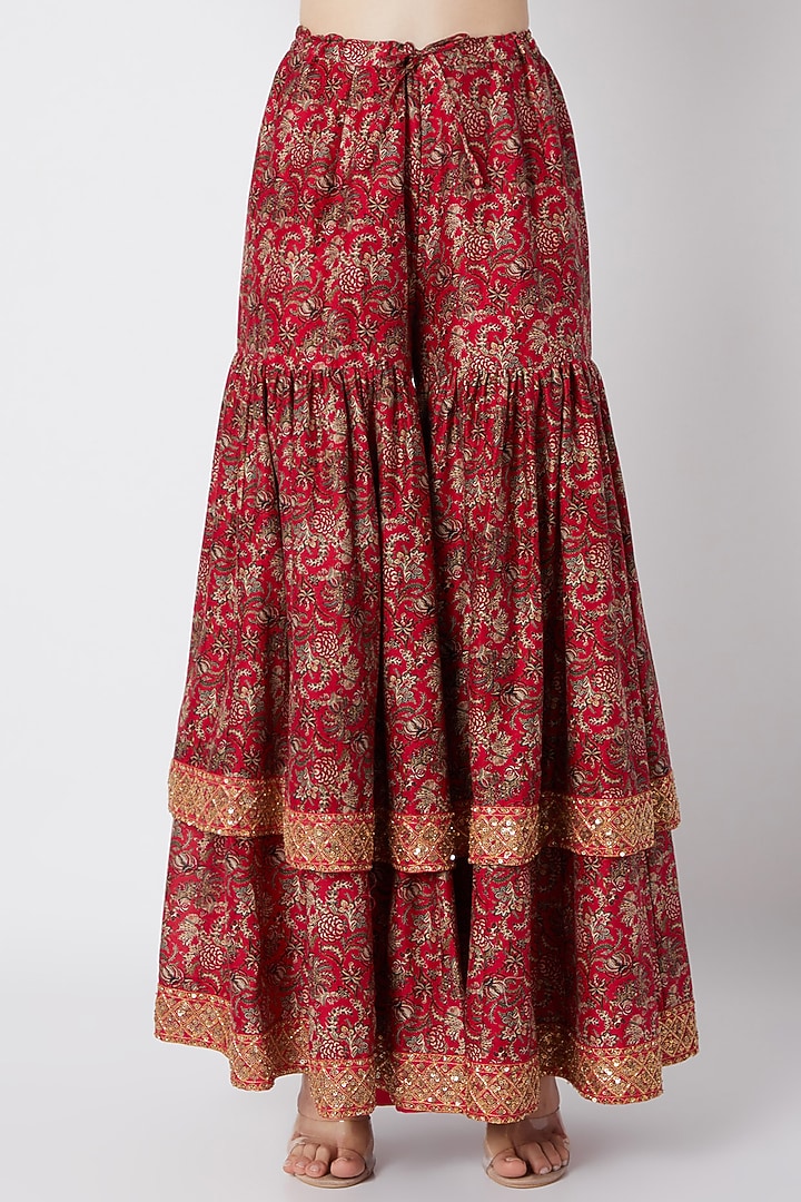 Red Embroidered & Printed Wedding Sharara Set by Debyani at Pernia's Pop Up Shop