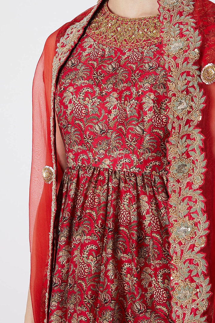 Red Embroidered & Printed Wedding Sharara Set by Debyani at Pernia's Pop Up Shop