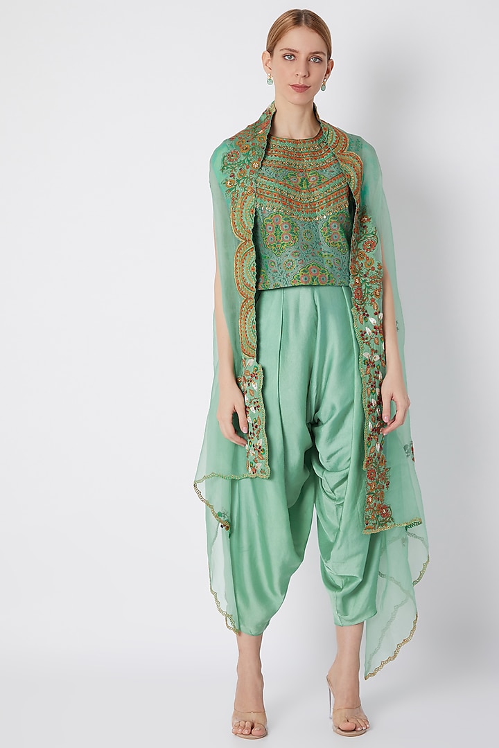 Turquoise Embroidered & Printed Cape Set by Debyani
