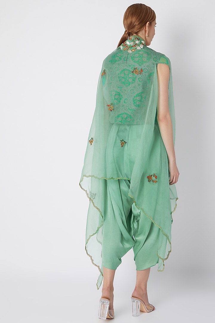 Turquoise Embroidered & Printed Cape Set by Debyani at Pernia's Pop Up Shop