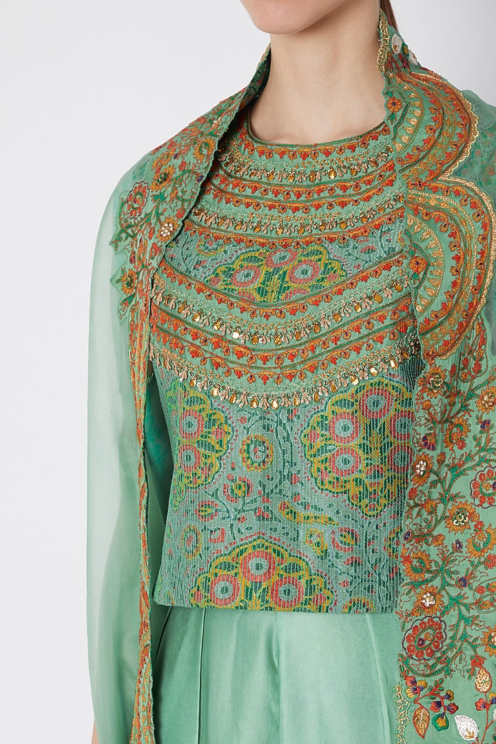 Turquoise Embroidered & Printed Cape Set by Debyani at Pernia's Pop Up Shop