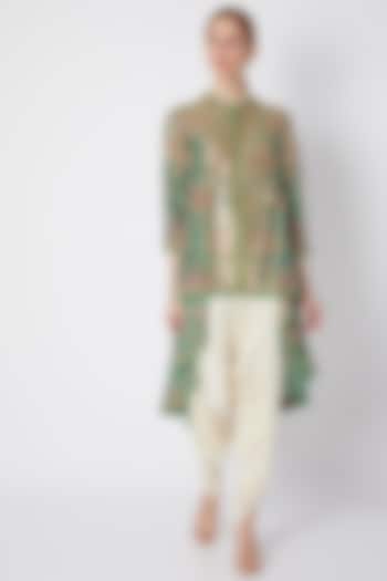 Turquoise Embroidered & Printed Jacket With Pants by Debyani