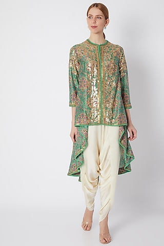 Turquoise Embroidered & Printed Jacket With Pants by Debyani