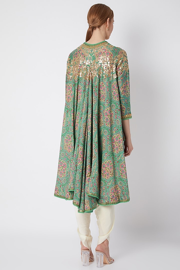 Turquoise Embroidered & Printed Jacket With Pants by Debyani at Pernia's Pop Up Shop