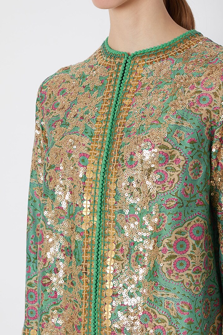 Turquoise Embroidered & Printed Jacket With Pants by Debyani at Pernia's Pop Up Shop
