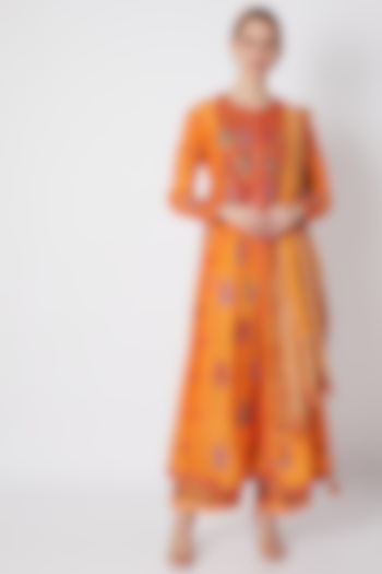 Orange Embroidered Gathered Kurta Set by Debyani