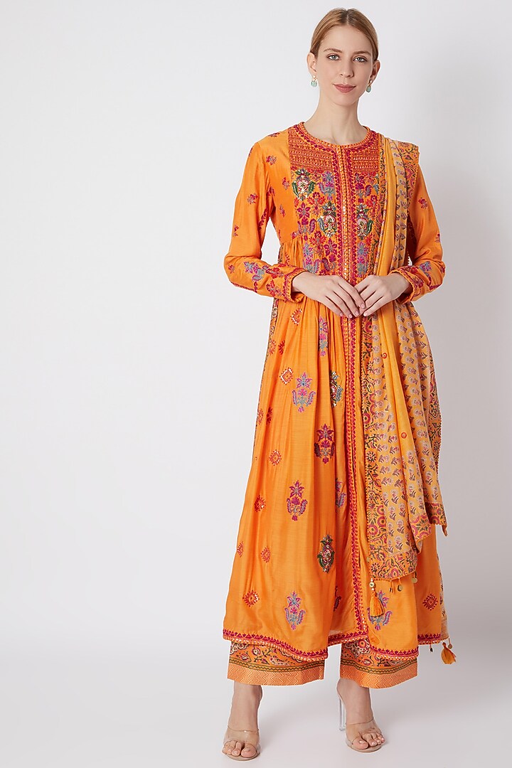 Orange Embroidered Gathered Kurta Set by Debyani at Pernia's Pop Up Shop