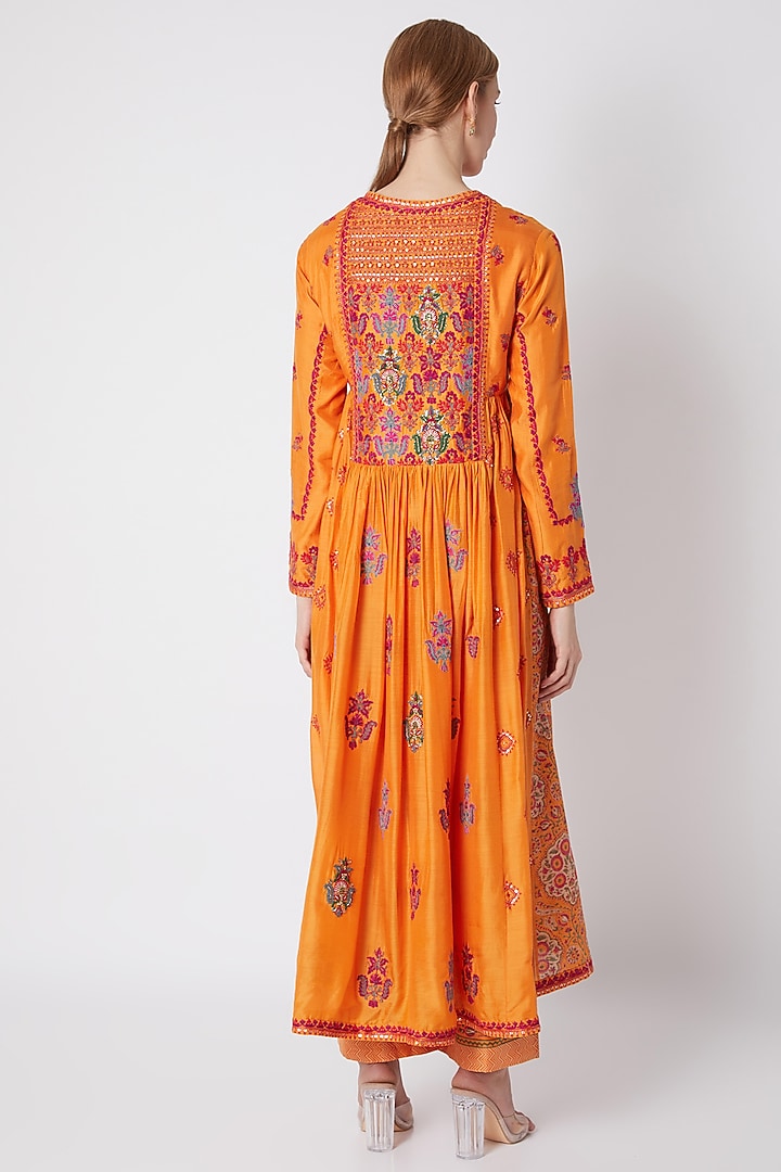 Orange Embroidered Gathered Kurta Set by Debyani at Pernia's Pop Up Shop