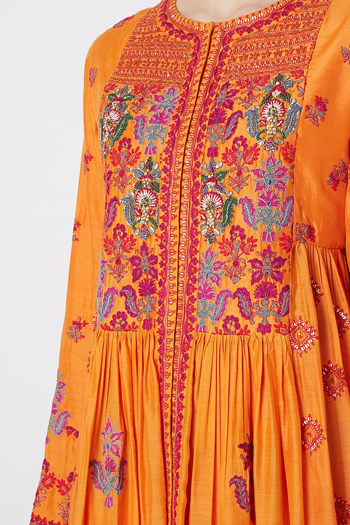 Orange Embroidered Gathered Kurta Set by Debyani at Pernia's Pop Up Shop
