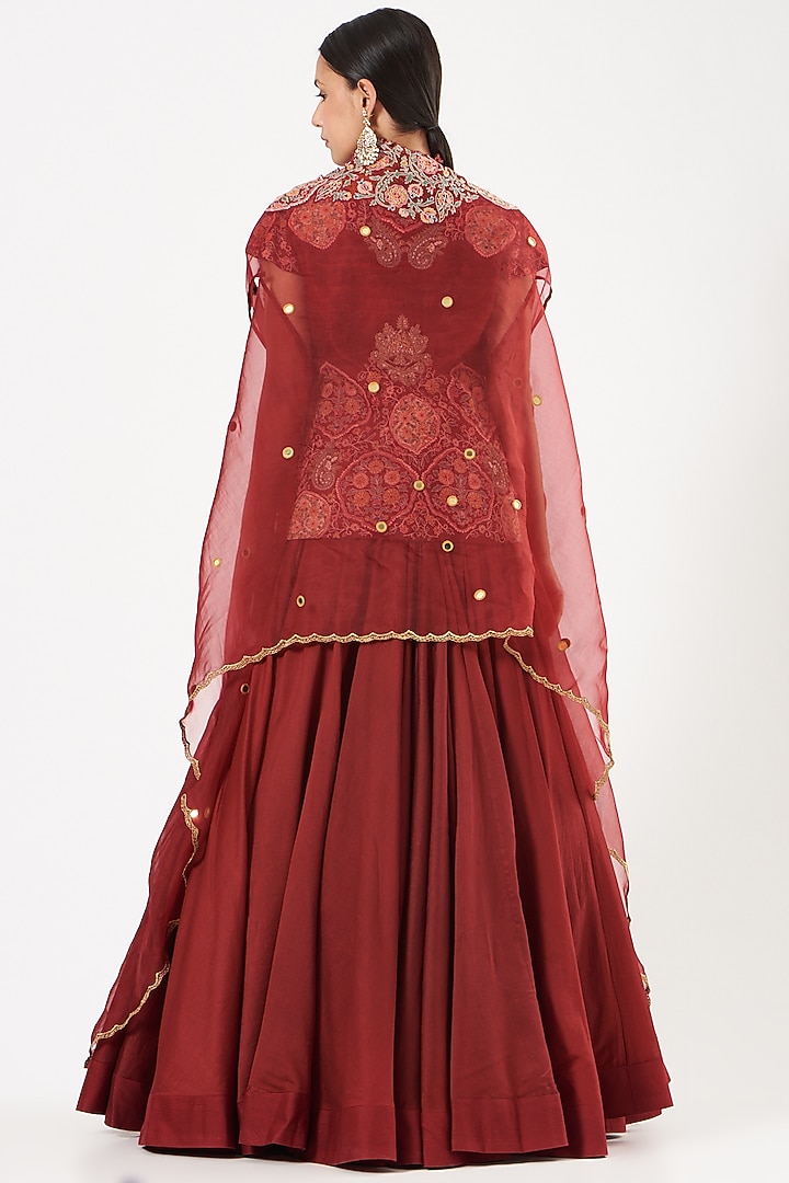 Maroon Chanderi Jacket Wedding Lehenga Set by Debyani at Pernia's Pop Up Shop