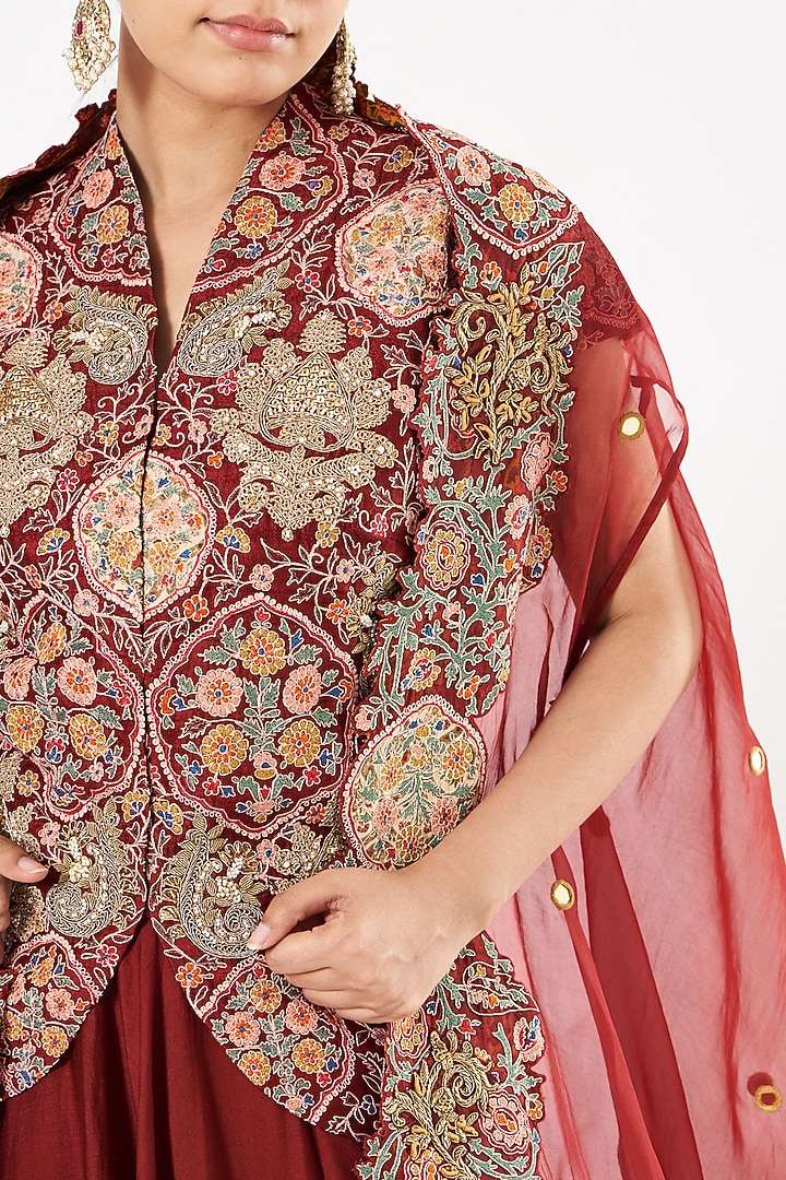 Maroon Chanderi Jacket Wedding Lehenga Set by Debyani at Pernia's Pop Up Shop