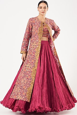 Magenta Organza Jacket Lehenga Set by Debyani