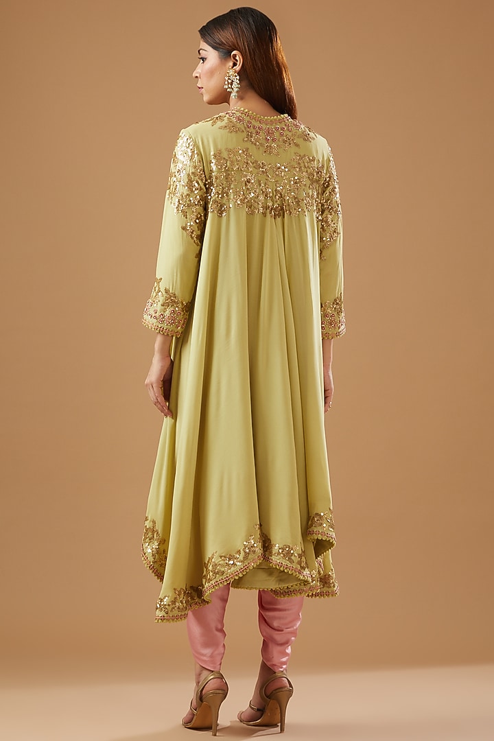 Pista Green Chanderi Embroidered Jacket Set by Debyani at Pernia's Pop Up Shop